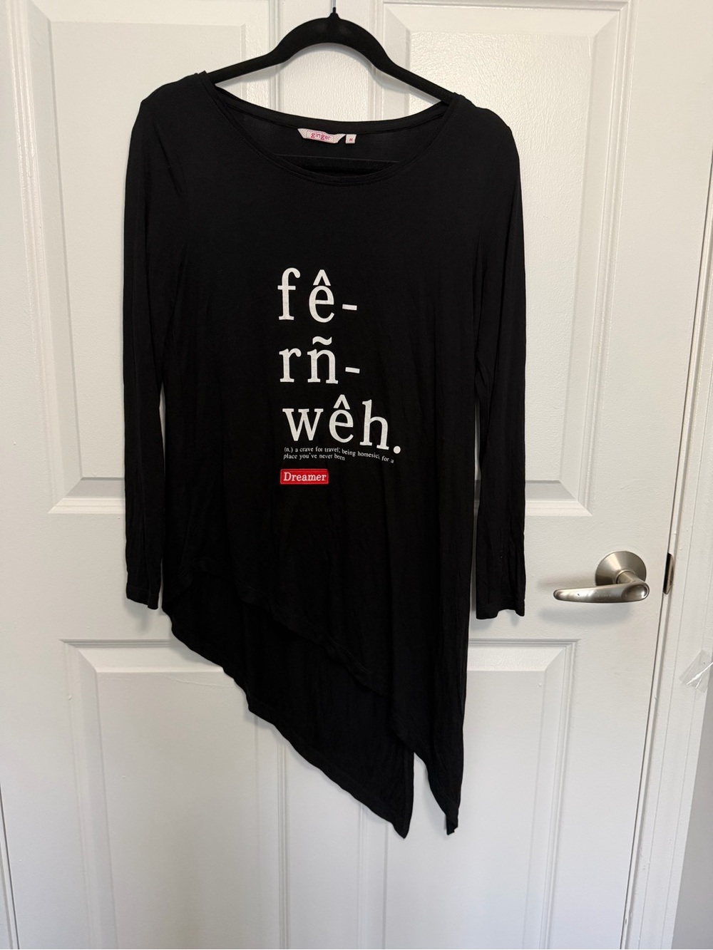 Ginger G Black Long-Sleeve Asymmetric Graphic Top with Red Detail